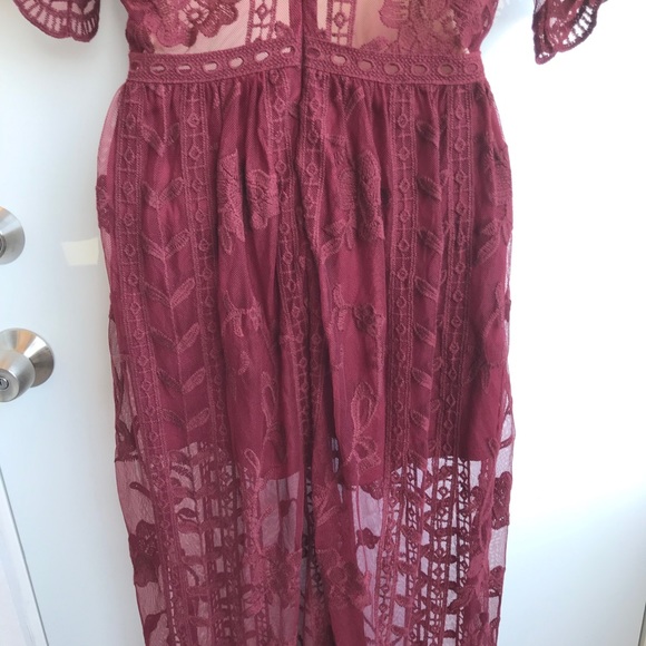 Socialite Burgundy Embroidery and Lace Maxi Dress - Picture 4 of 12